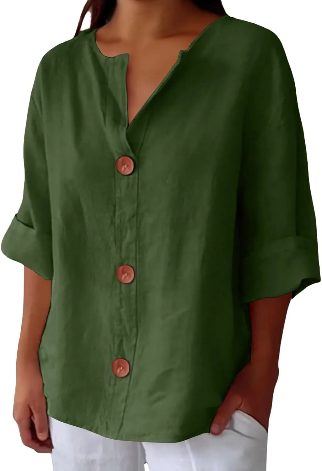 3/4 Sleeve Linen Shirts for Women Button V Neck Cotton Blouses Dressy Casual Solid Henley Shirts Loose Fit Summer Tops