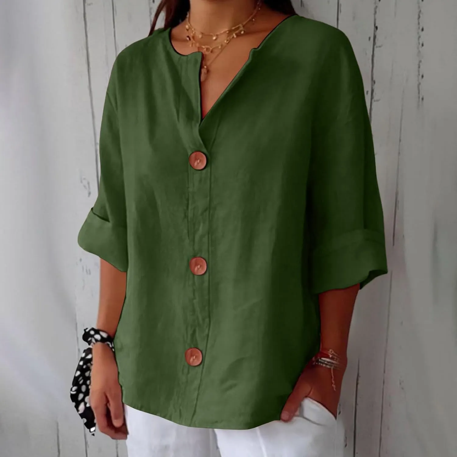 3/4 Sleeve Linen Shirts for Women Button V Neck Cotton Blouses Dressy Casual Solid Henley Shirts Loose Fit Summer Tops