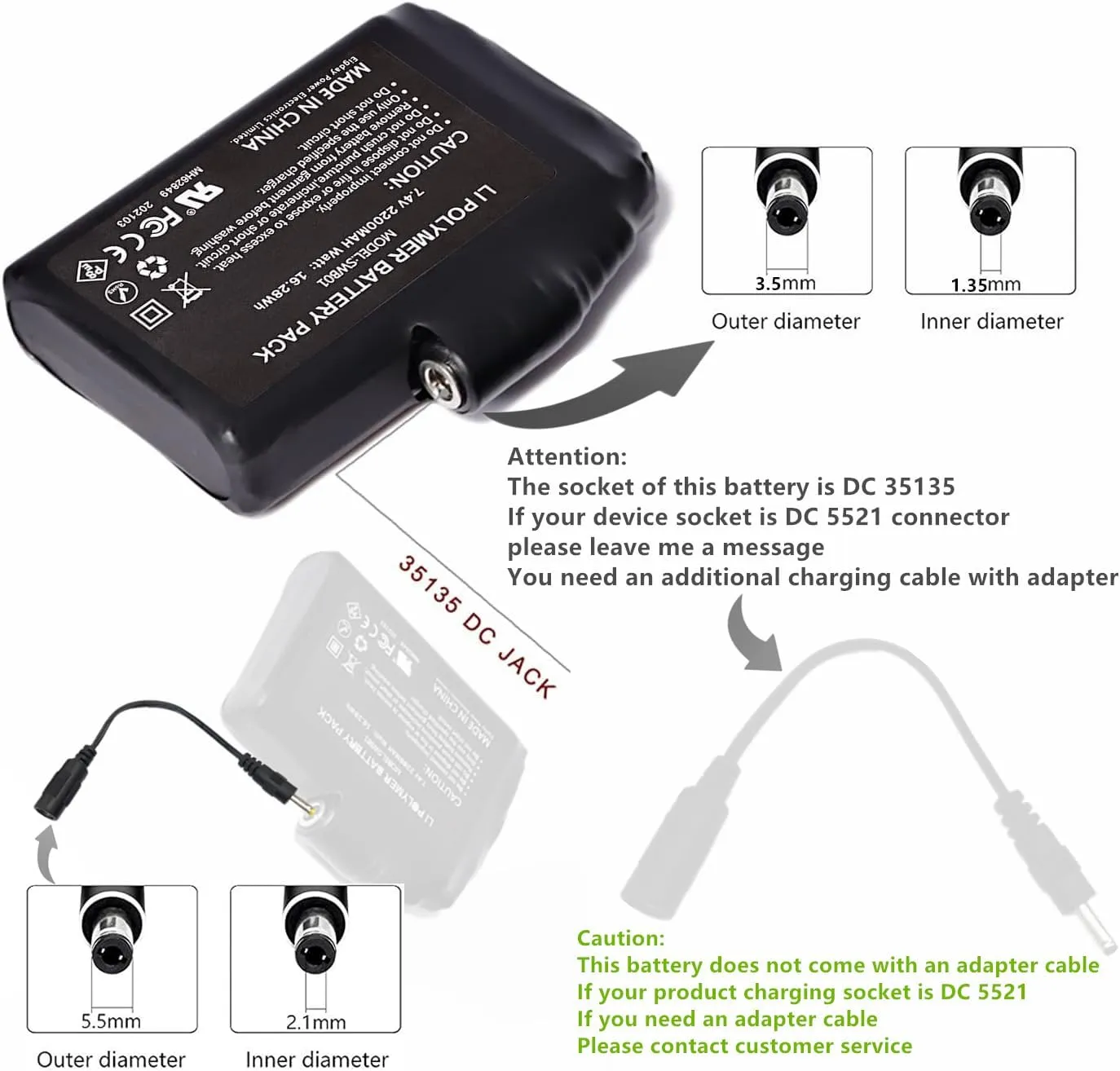 5000mAh 7.4V Rechargeable Li-ion Battery Replacement for Heated Gloves, Socks, Thermal Heated Underwear Clothes，RC Car, Boat, Robot, DIY, LED Light Strip, CCTV Camera (5000mAh)