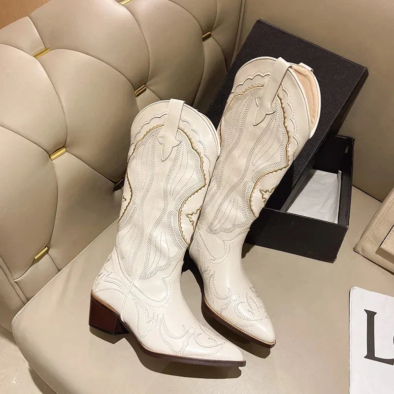 binfenxie 2024 Women Cowboy Boots Fashion Square Thick Heel Ladies Elegant Slip On Long Booties Spring Autumn Embroidery Women's Footwear