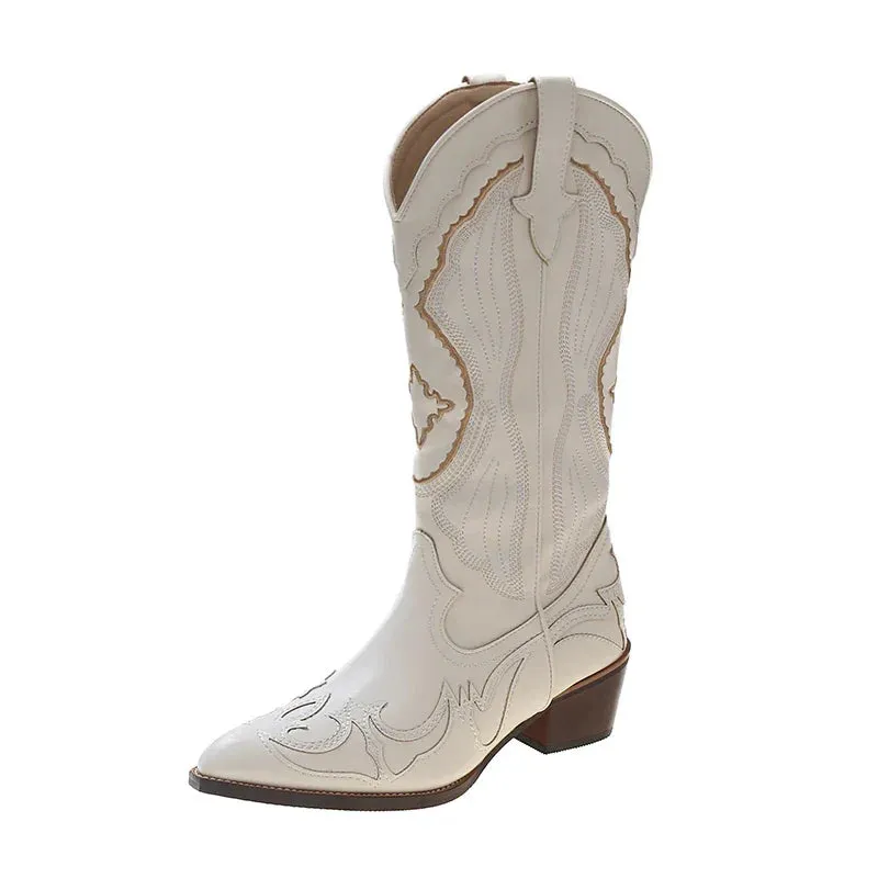 binfenxie 2024 Women Cowboy Boots Fashion Square Thick Heel Ladies Elegant Slip On Long Booties Spring Autumn Embroidery Women's Footwear