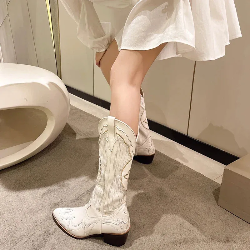 binfenxie 2024 Women Cowboy Boots Fashion Square Thick Heel Ladies Elegant Slip On Long Booties Spring Autumn Embroidery Women's Footwear