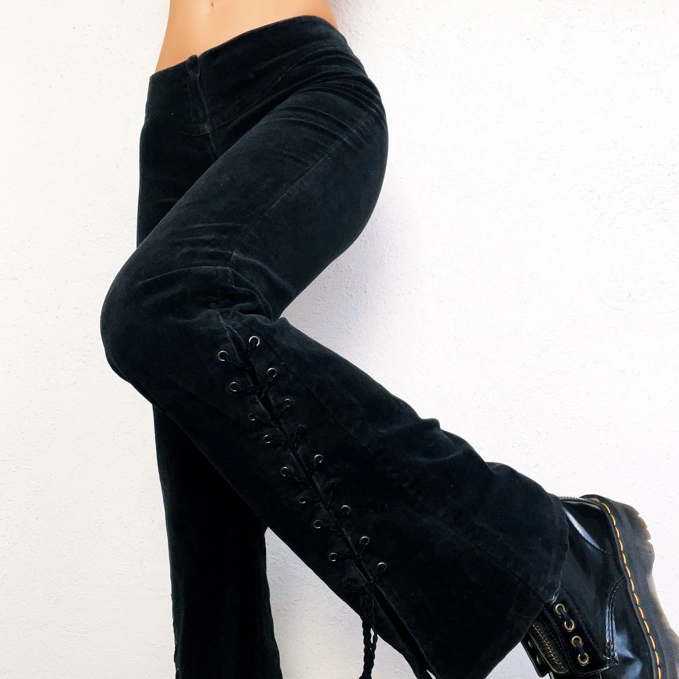 Black Velvety Lace Up Flares