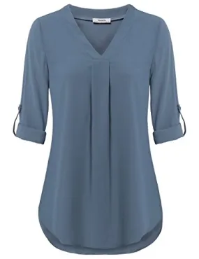 Blue Grey Womens 3/4 Cuffed Sleeve Chiffon Printed V Neck Casual Blouse Shirt Tops - Youtalia