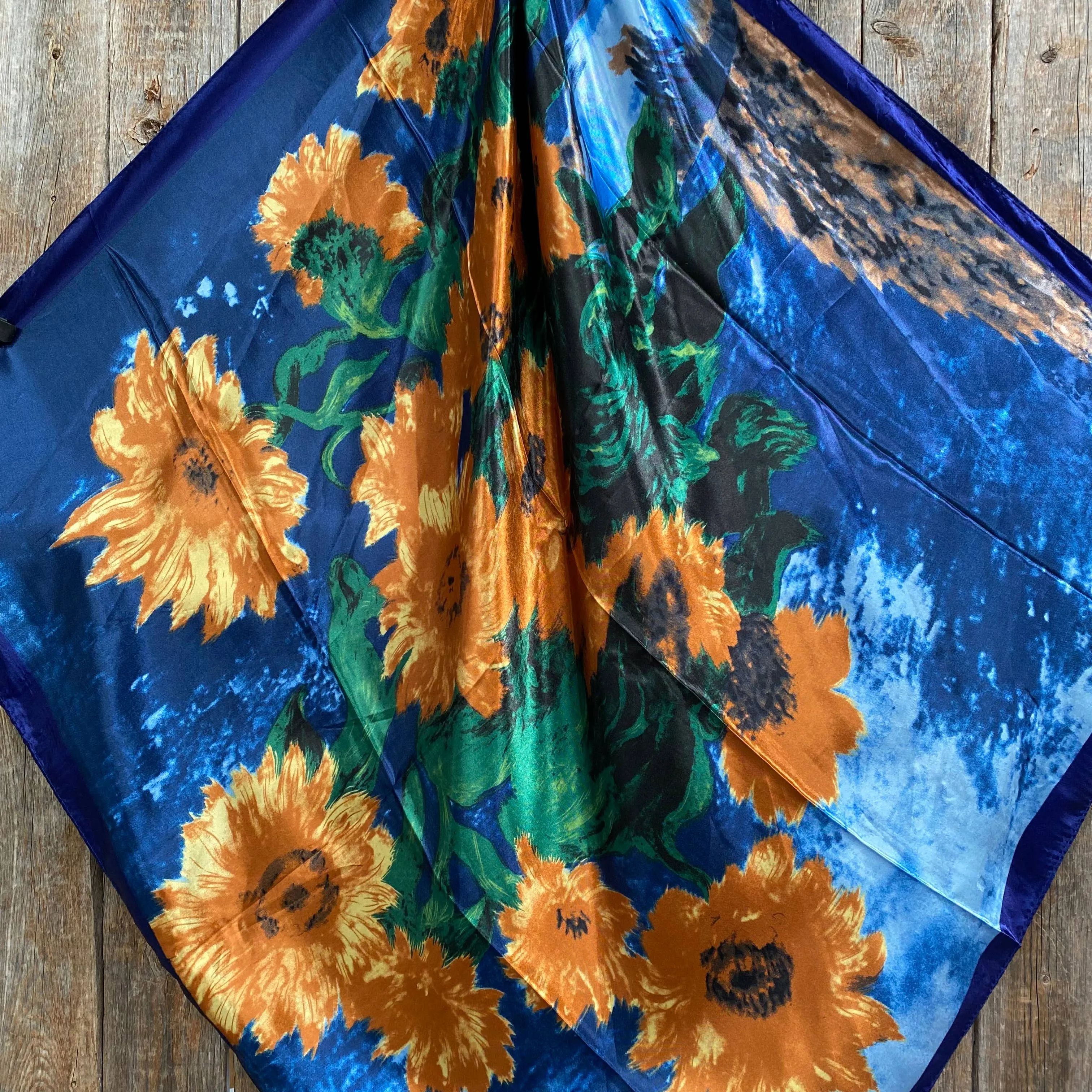 Blue Painted Sunflowers Printed Western Southwestern Wild Rag Scarf Accent