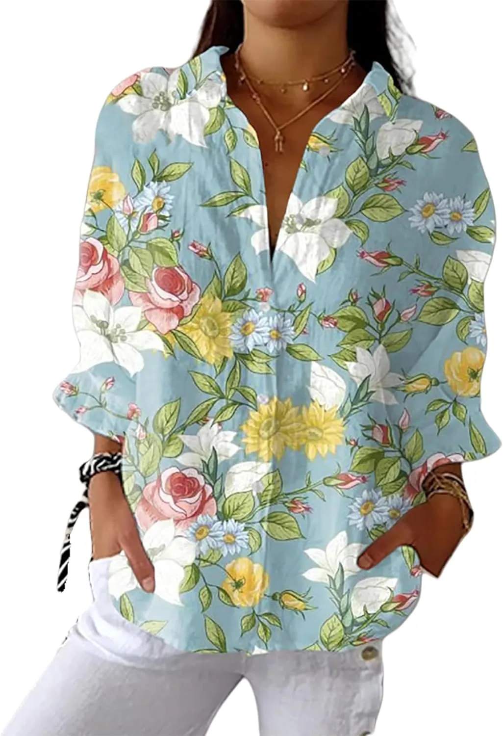 BOMYTAO Vintage Flowers Print Shirt Women Boho Button Down Cotton Linen Long Sleeve Flowy Blouse Business Casual Work Tops