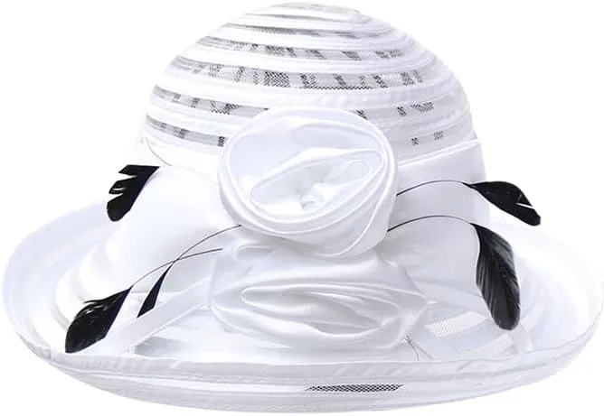 Church Short Brim Hats with Feathers for Women Fashionable Tea Party Organza Bridal Wedding Sun Hat