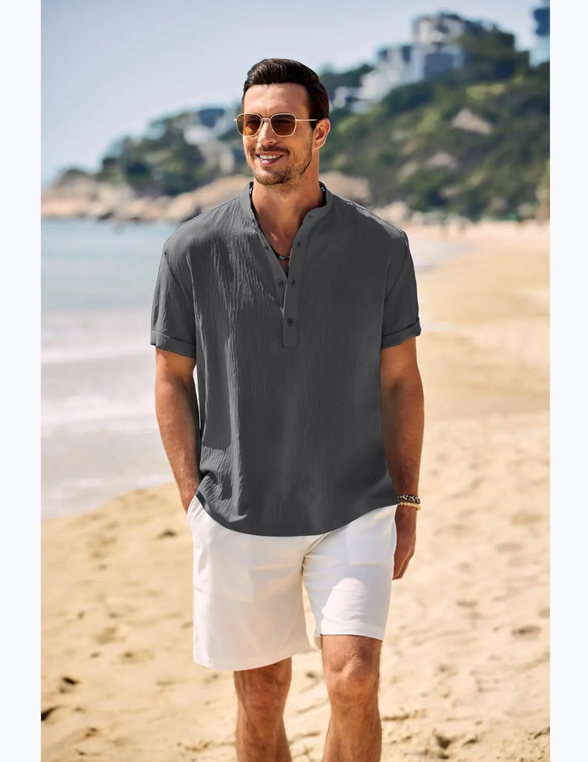 COOFANDY Men's Casual Henley Shirt Band Collar Short Sleeve Shirt Summer Beach Hippie Shirt