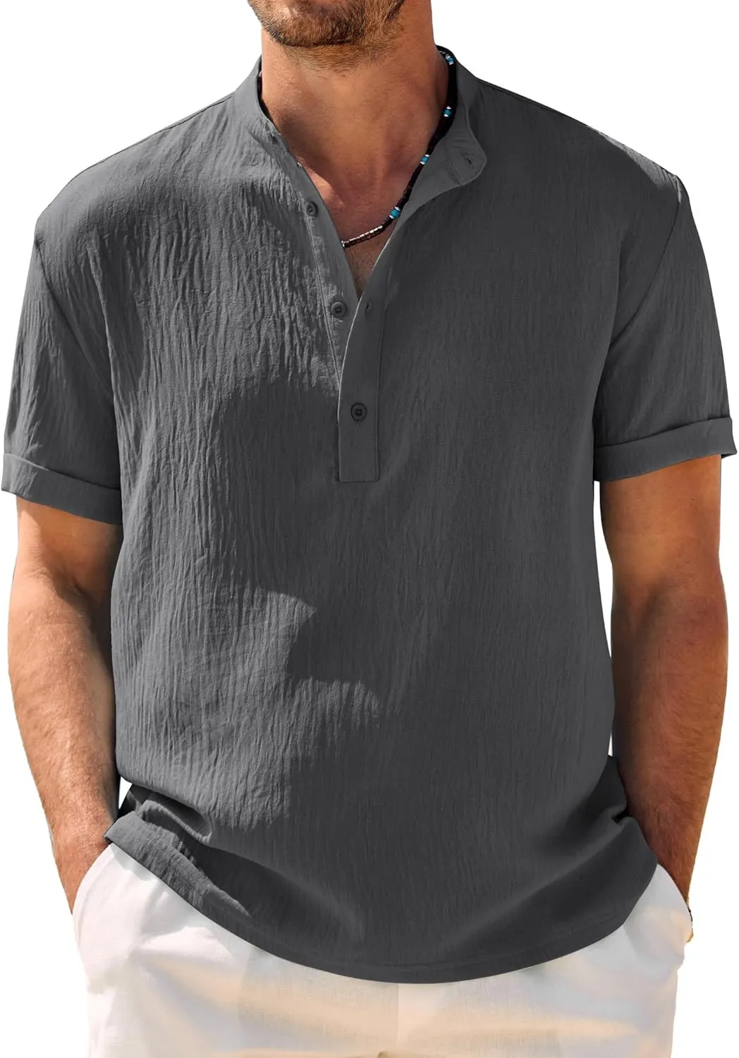 COOFANDY Men's Casual Henley Shirt Band Collar Short Sleeve Shirt Summer Beach Hippie Shirt