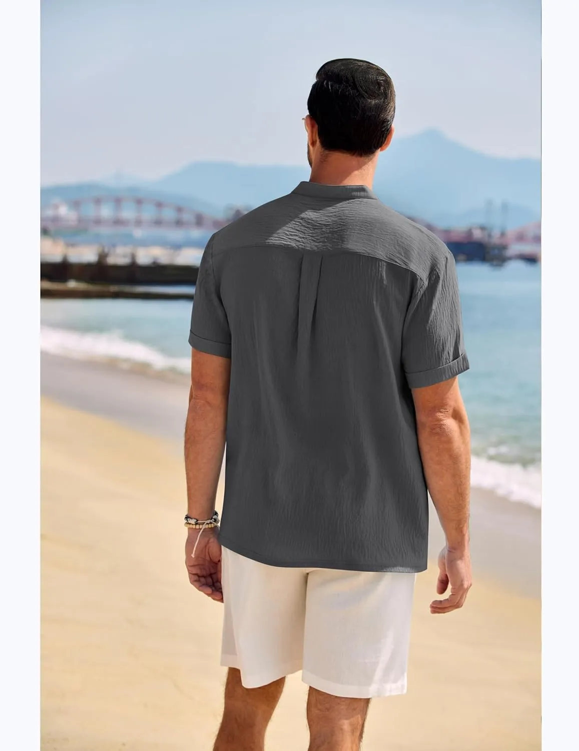 COOFANDY Men's Casual Henley Shirt Band Collar Short Sleeve Shirt Summer Beach Hippie Shirt