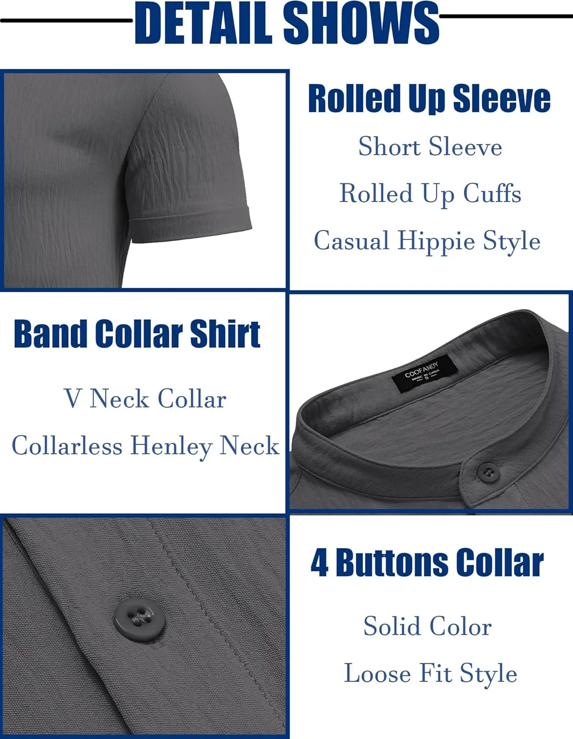 COOFANDY Men's Casual Henley Shirt Band Collar Short Sleeve Shirt Summer Beach Hippie Shirt