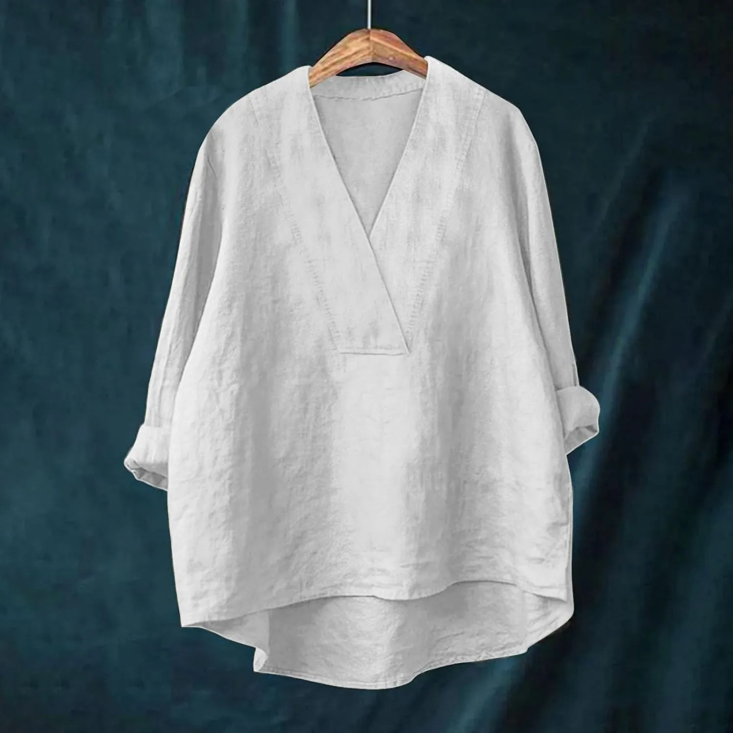 Cotton Linen Shirts for Women Summer Tops 2025 V Neck High Low Hem Blouses Loose Casual Roll-up Sleeve Tshirts