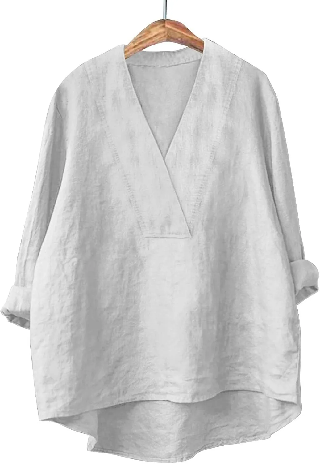 Cotton Linen Shirts for Women Summer Tops 2025 V Neck High Low Hem Blouses Loose Casual Roll-up Sleeve Tshirts