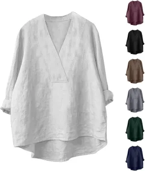 Cotton Linen Shirts for Women Summer Tops 2025 V Neck High Low Hem Blouses Loose Casual Roll-up Sleeve Tshirts