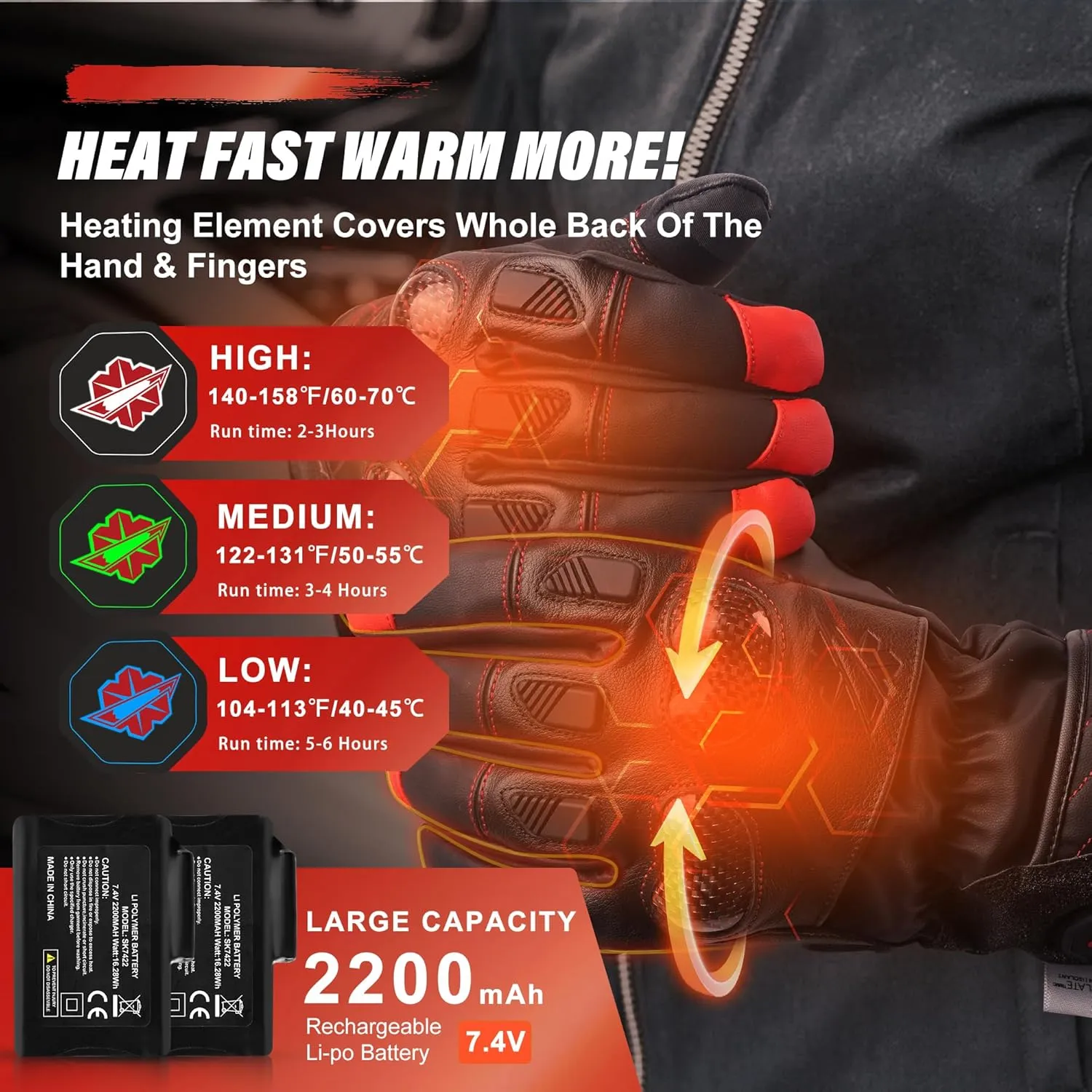 Dr.Warm Heated Motorcycle Gloves, Rechargeable Battery Heated Gloves Touchscreen Leather Riding Gloves Anti-Slip with Good Grip Hard Knuckles Protection for Men Women Motocross