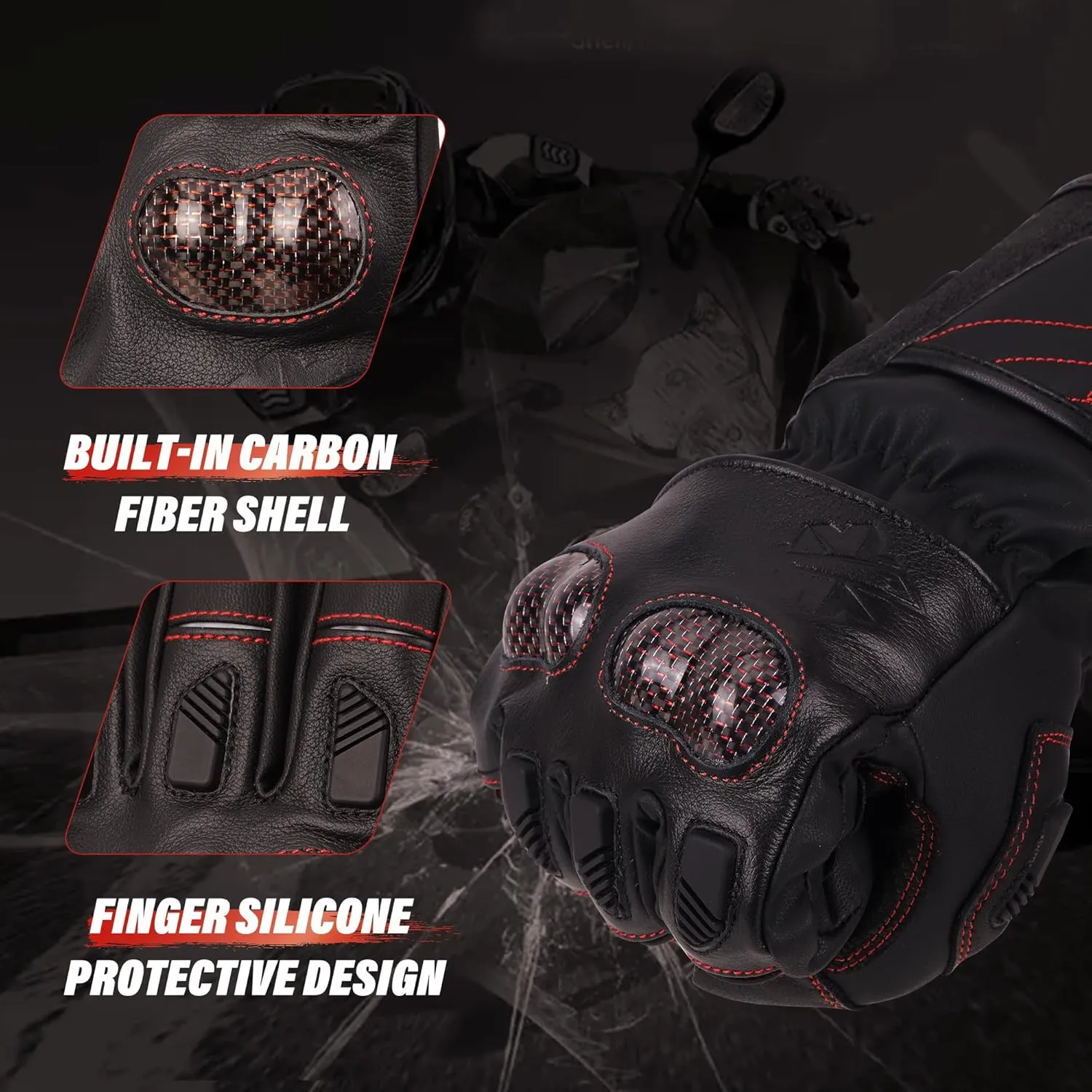 Dr.Warm Heated Motorcycle Gloves, Rechargeable Battery Heated Gloves Touchscreen Leather Riding Gloves Anti-Slip with Good Grip Hard Knuckles Protection for Men Women Motocross