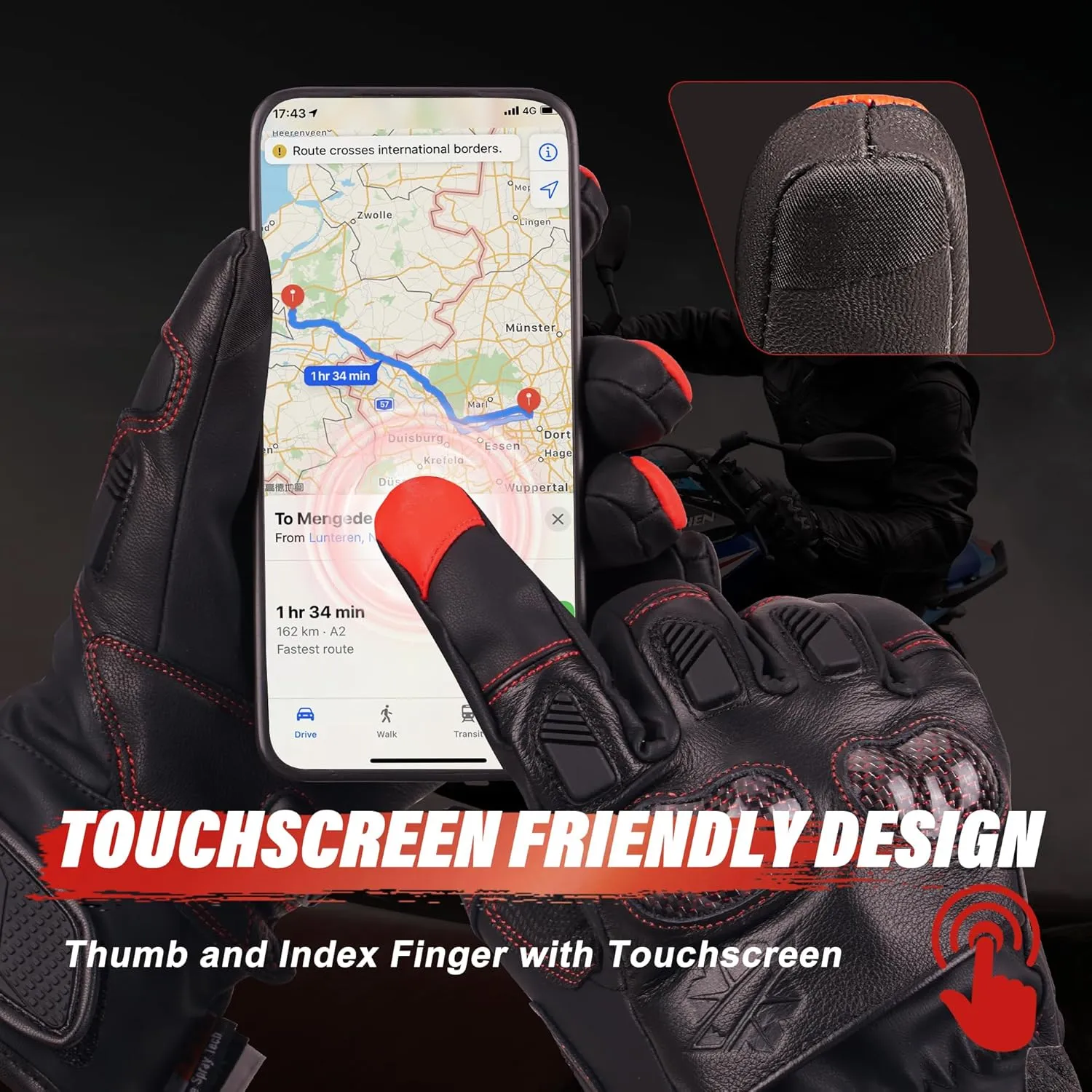 Dr.Warm Heated Motorcycle Gloves, Rechargeable Battery Heated Gloves Touchscreen Leather Riding Gloves Anti-Slip with Good Grip Hard Knuckles Protection for Men Women Motocross