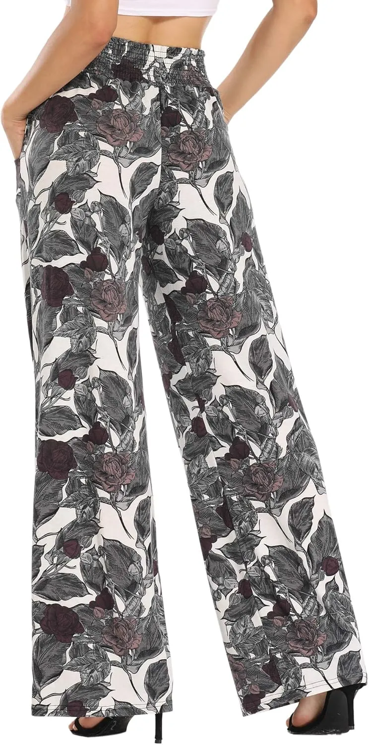 EEVASS Women's Casual Wide Leg Floral Print Palazzo Lounge Pants Stretchy Boho Pants