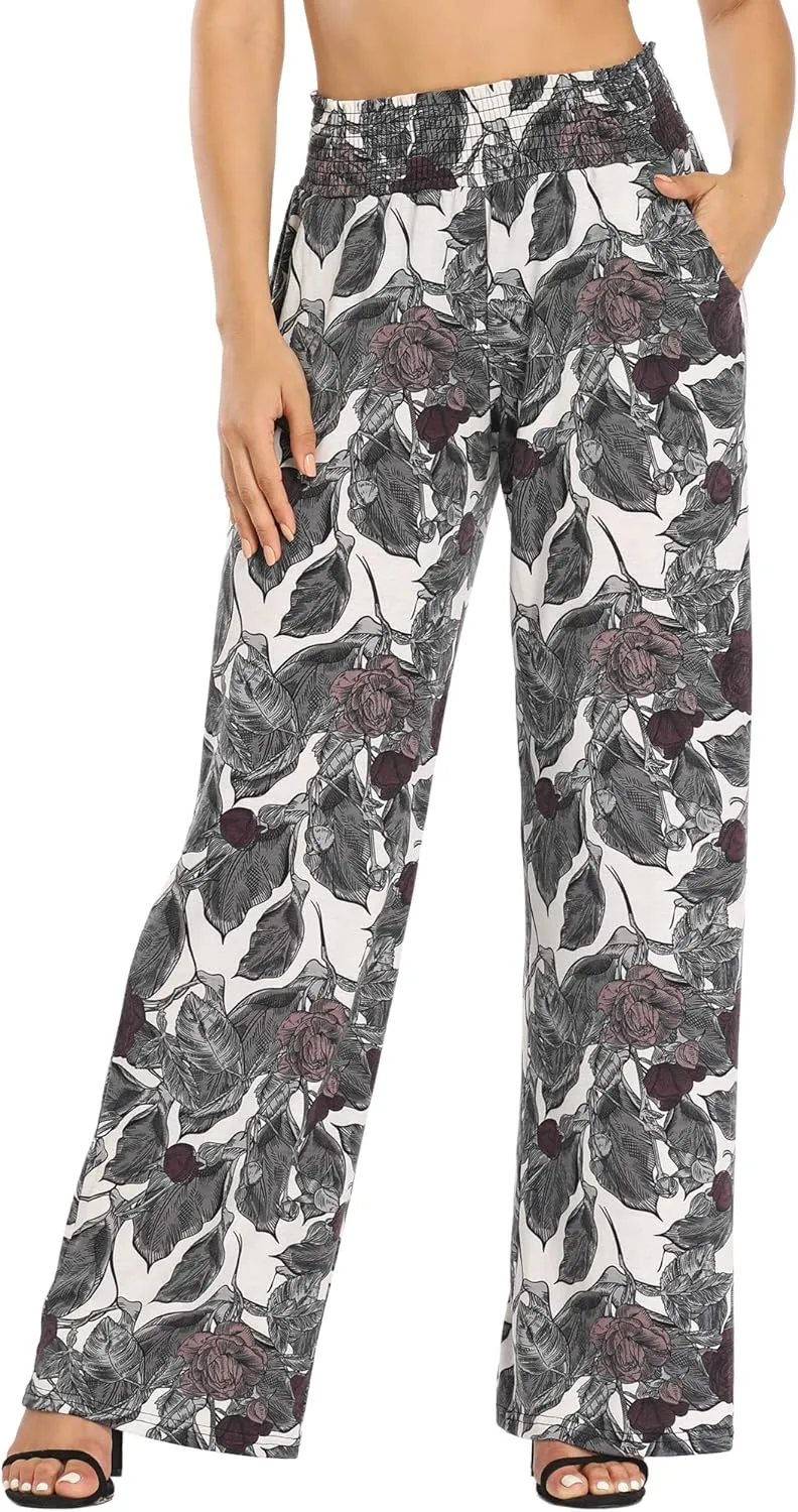 EEVASS Women's Casual Wide Leg Floral Print Palazzo Lounge Pants Stretchy Boho Pants