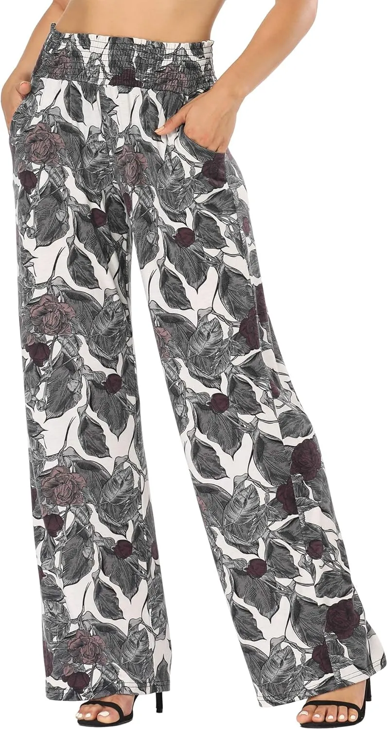 EEVASS Women's Casual Wide Leg Floral Print Palazzo Lounge Pants Stretchy Boho Pants