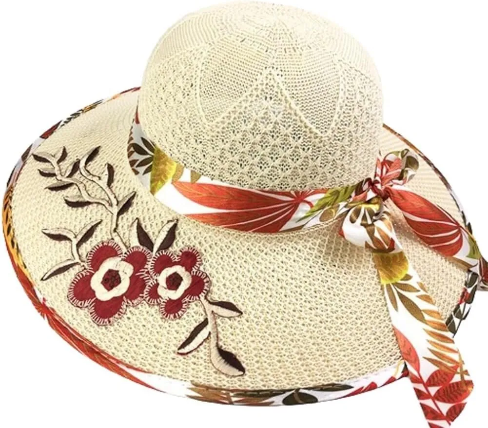 Elegant Straw Sun Hat Women Summer Wide Brim UV Protection Visor Hat Cute Knitted Flower Decoration Beach Bucket Hat