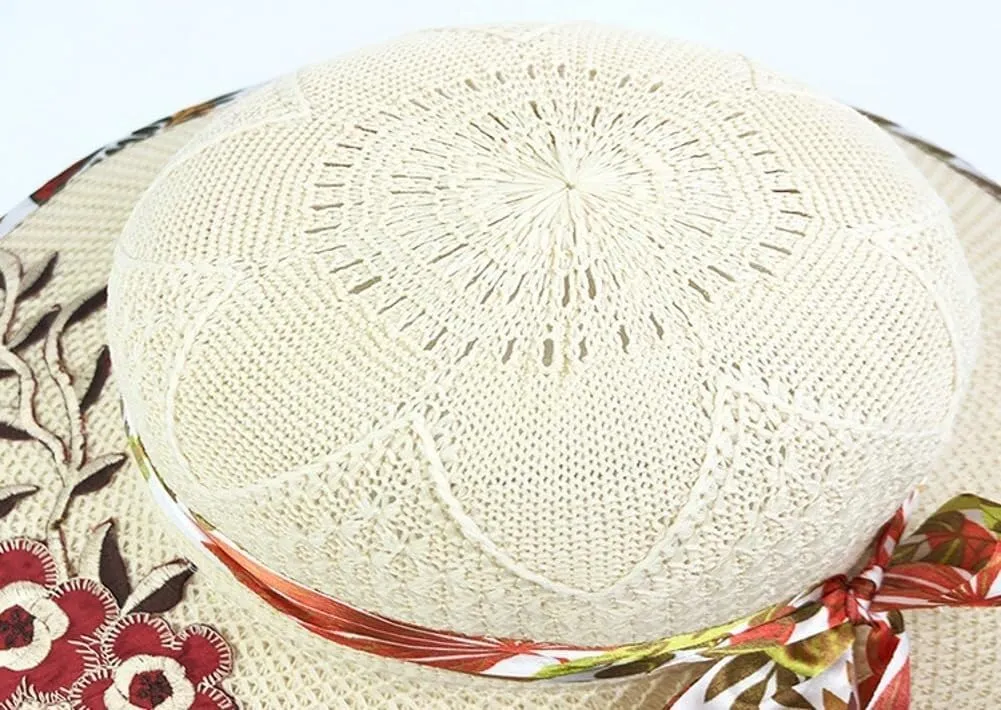 Elegant Straw Sun Hat Women Summer Wide Brim UV Protection Visor Hat Cute Knitted Flower Decoration Beach Bucket Hat