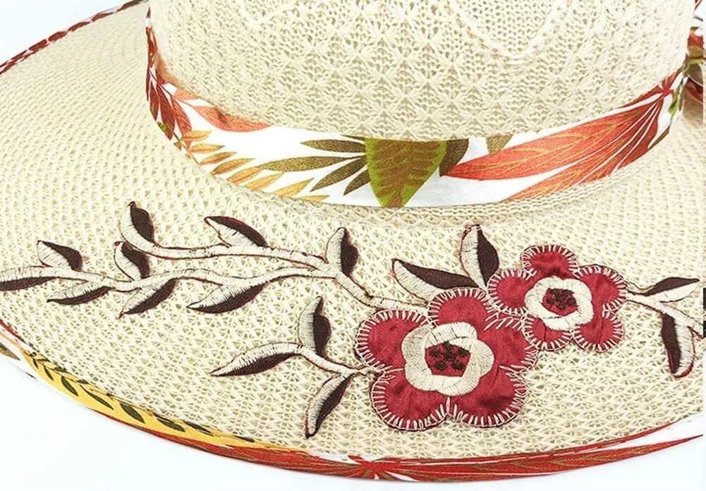 Elegant Straw Sun Hat Women Summer Wide Brim UV Protection Visor Hat Cute Knitted Flower Decoration Beach Bucket Hat