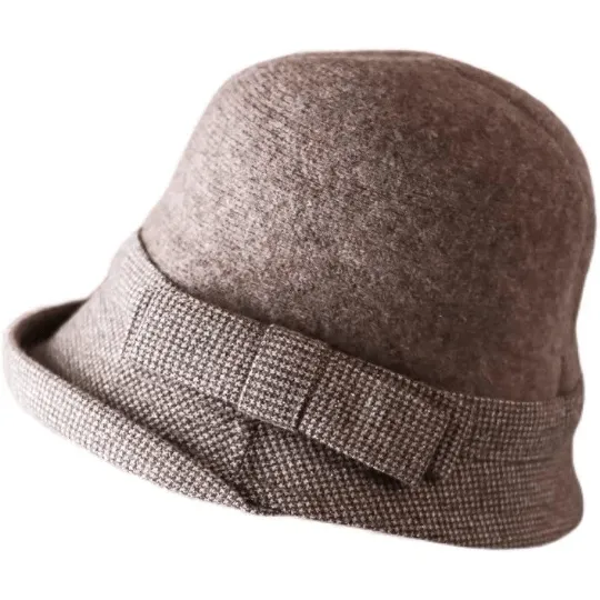 Elegant Wool Cloche Hat with Bow Tie