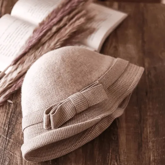 Elegant Wool Cloche Hat with Bow Tie