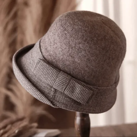 Elegant Wool Cloche Hat with Bow Tie