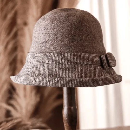 Elegant Wool Cloche Hat with Bow Tie