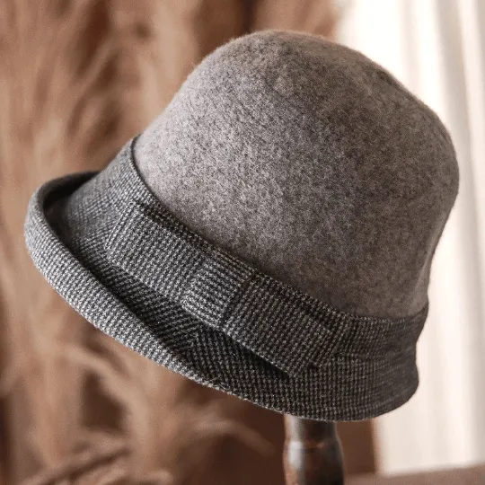 Elegant Wool Cloche Hat with Bow Tie