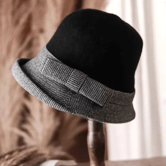 Elegant Wool Cloche Hat with Bow Tie