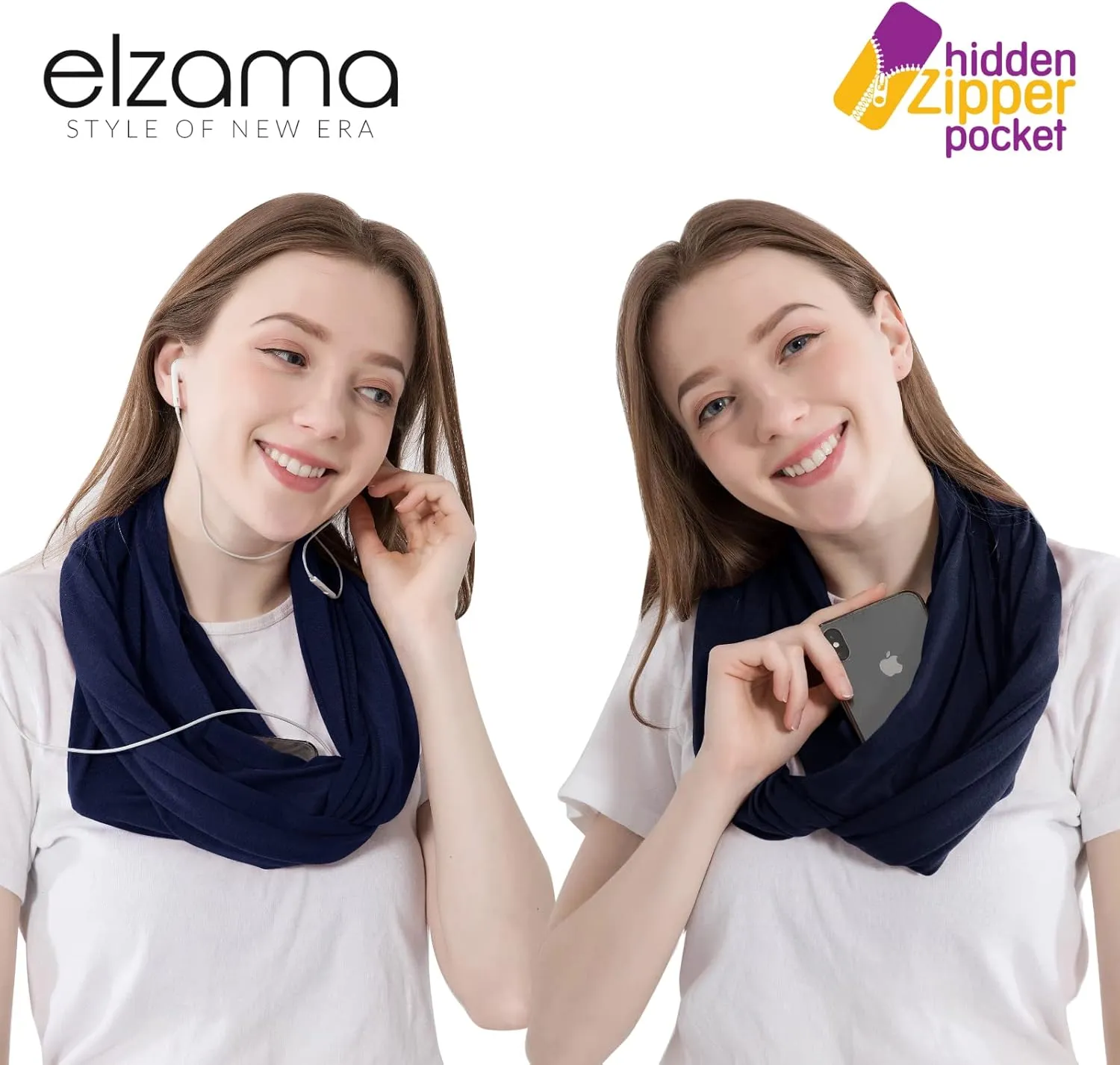 elzama Infinity Loop Solid Color Scarf With Hidden Zipper Pocket For Women - Lightweight Travel Neck Wrap