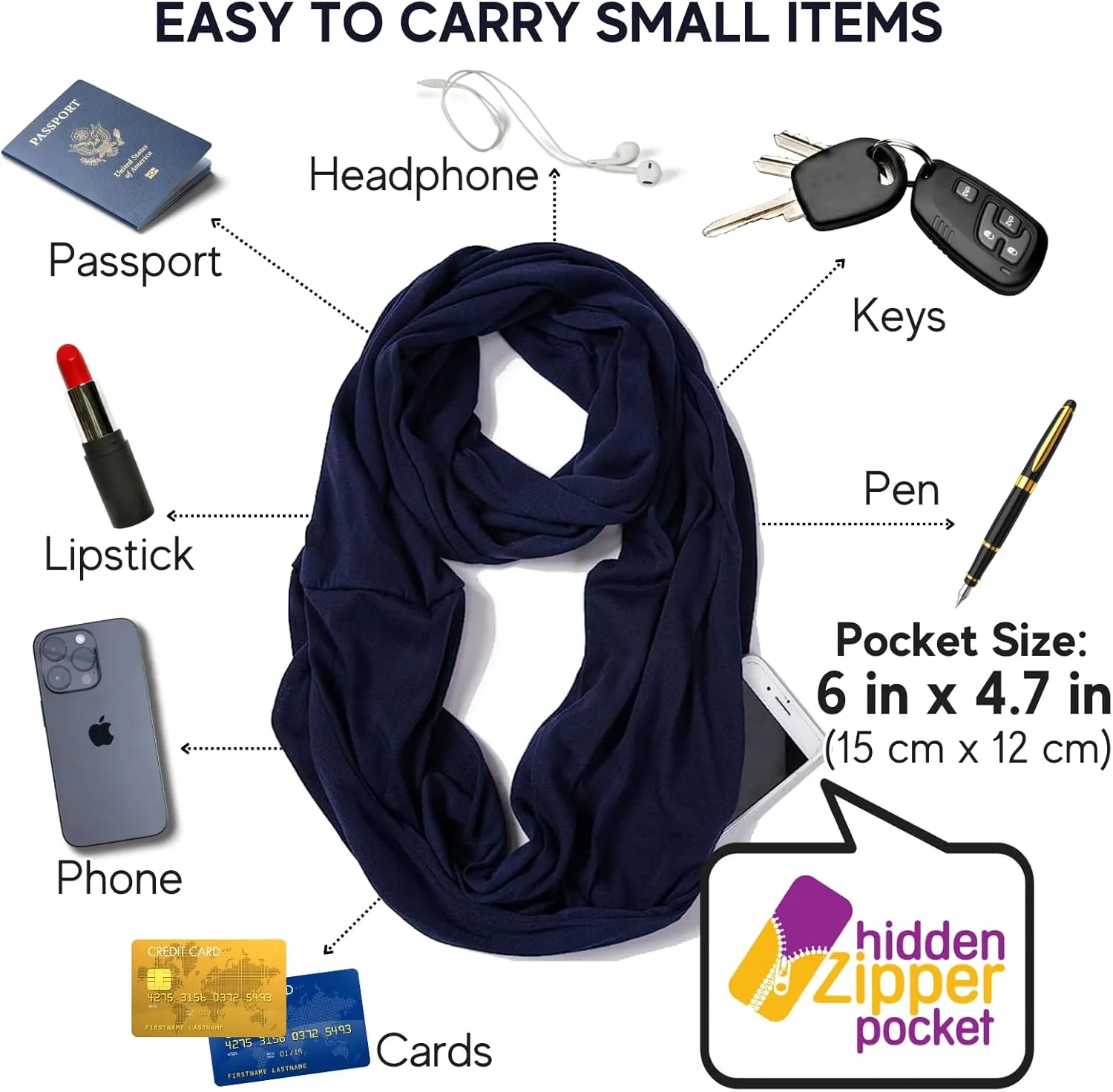 elzama Infinity Loop Solid Color Scarf With Hidden Zipper Pocket For Women - Lightweight Travel Neck Wrap