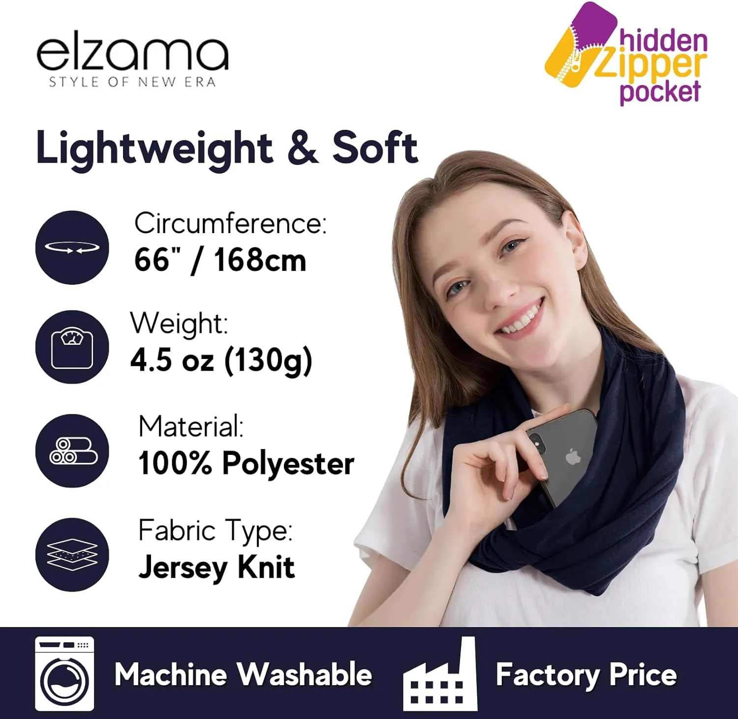 elzama Infinity Loop Solid Color Scarf With Hidden Zipper Pocket For Women - Lightweight Travel Neck Wrap