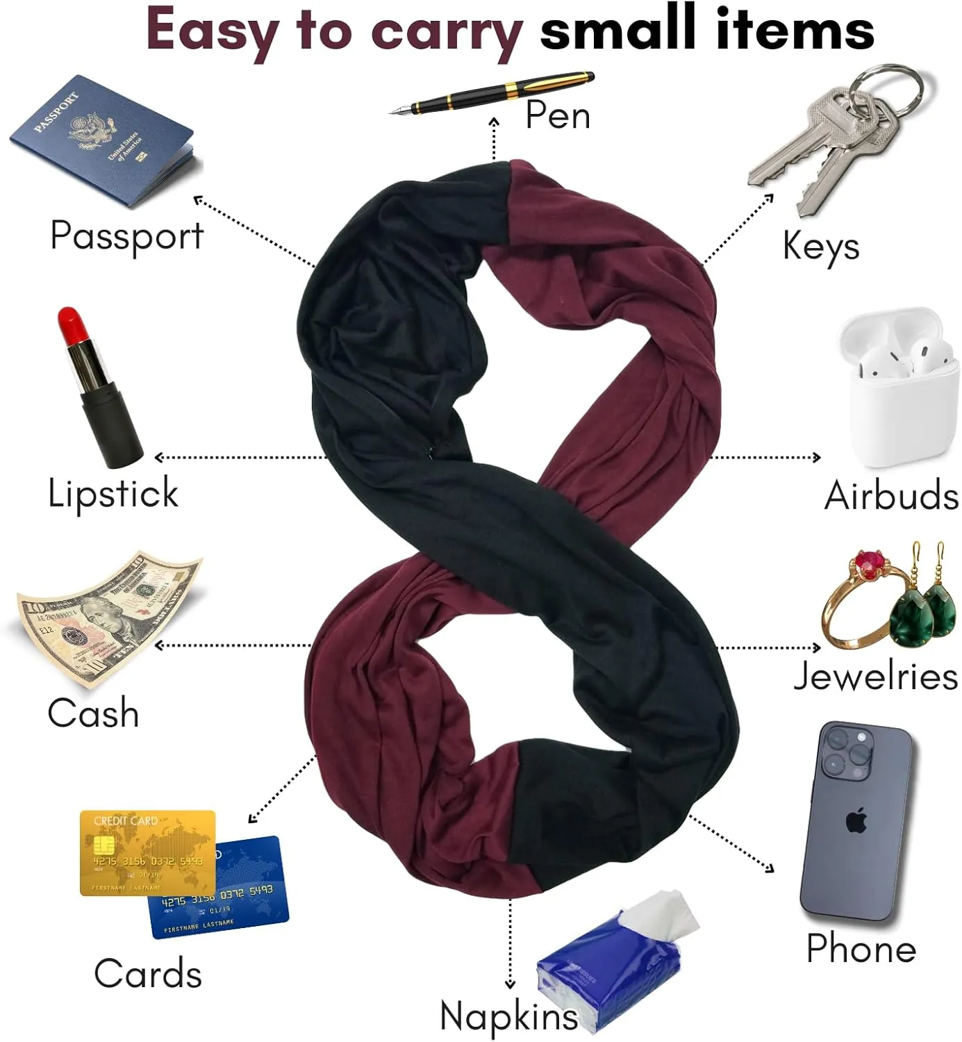 elzama Travel Scarf 2 Hidden Zipper Pocket for Women, Infinity Loop Scarf with Double Zip Pockets, Neck Wrap, Dual Color