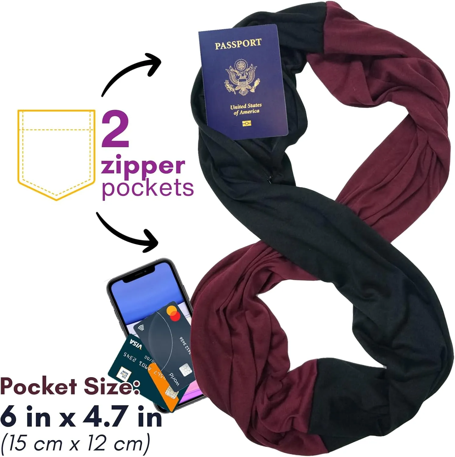 elzama Travel Scarf 2 Hidden Zipper Pocket for Women, Infinity Loop Scarf with Double Zip Pockets, Neck Wrap, Dual Color