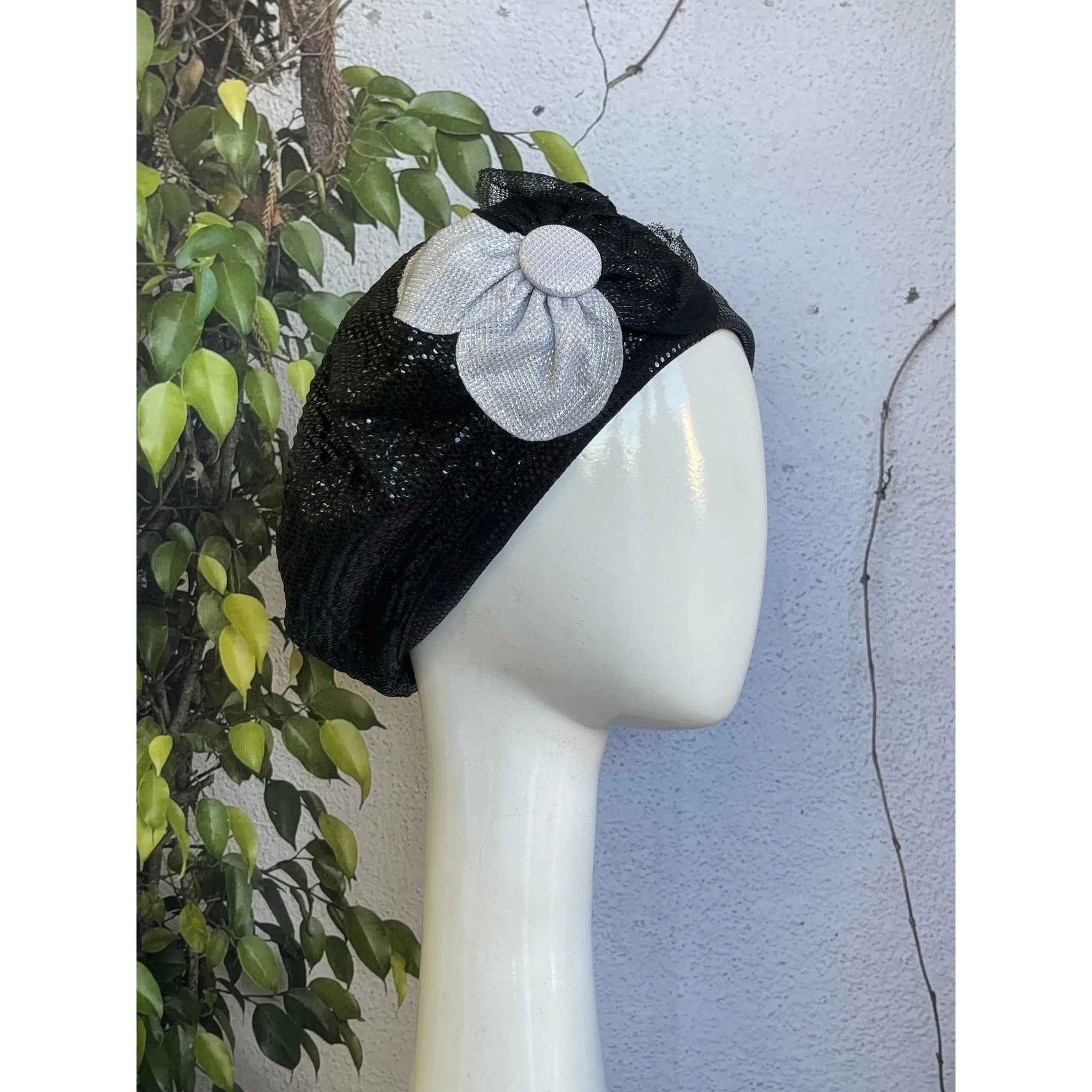 Embellished Hat - Size #2 Black/Silver Flower
