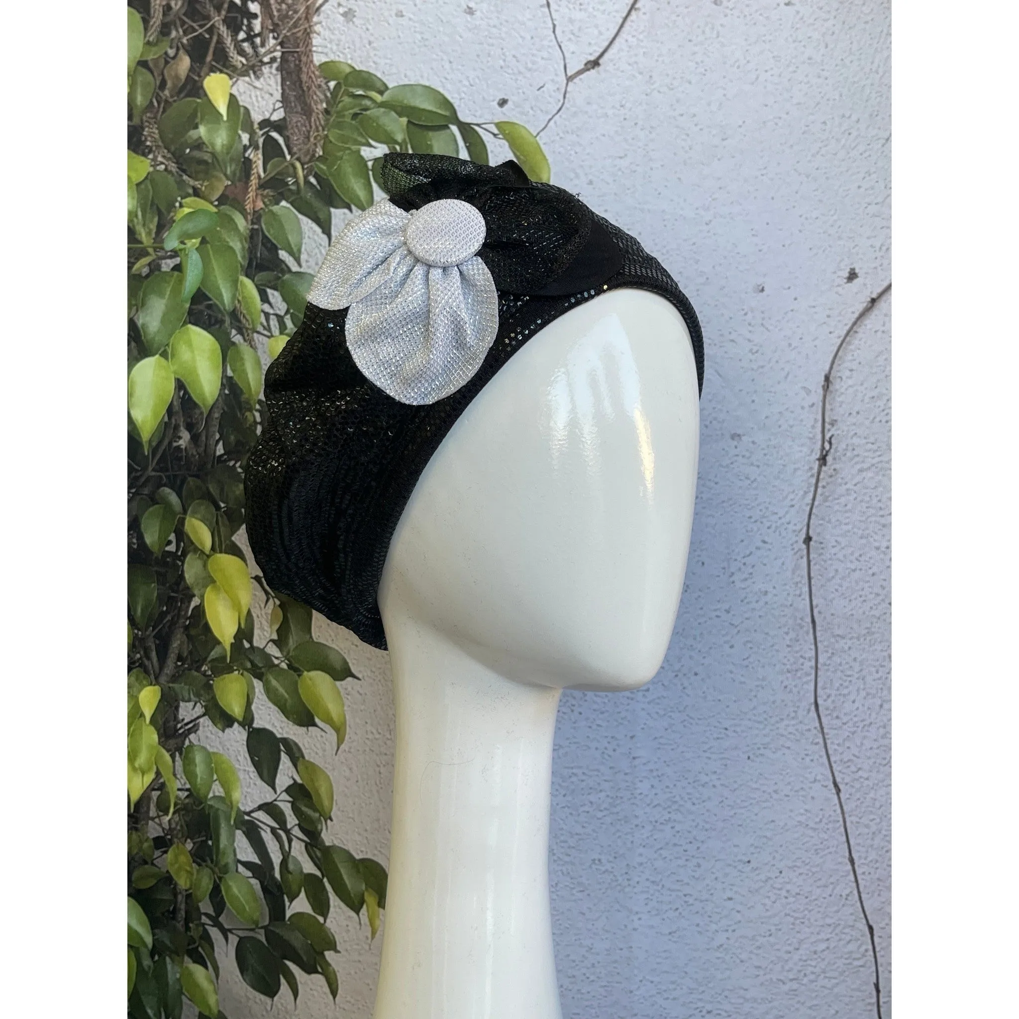 Embellished Hat - Size #2 Black/Silver Flower