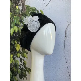 Embellished Hat - Size #2 Black/Silver Flower