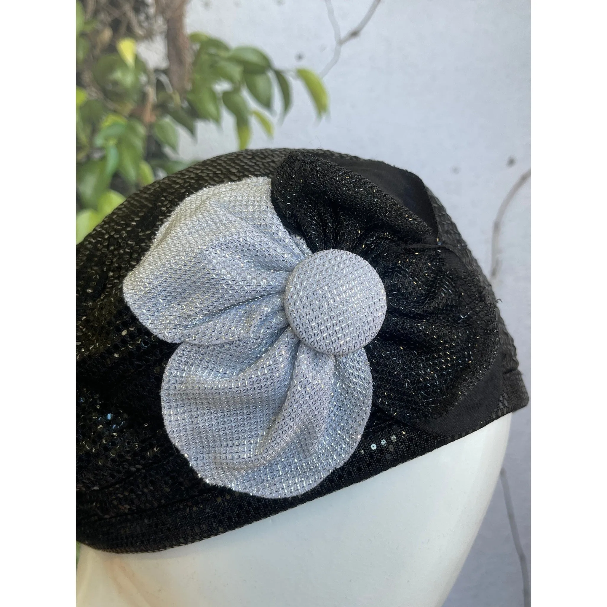 Embellished Hat - Size #2 Black/Silver Flower