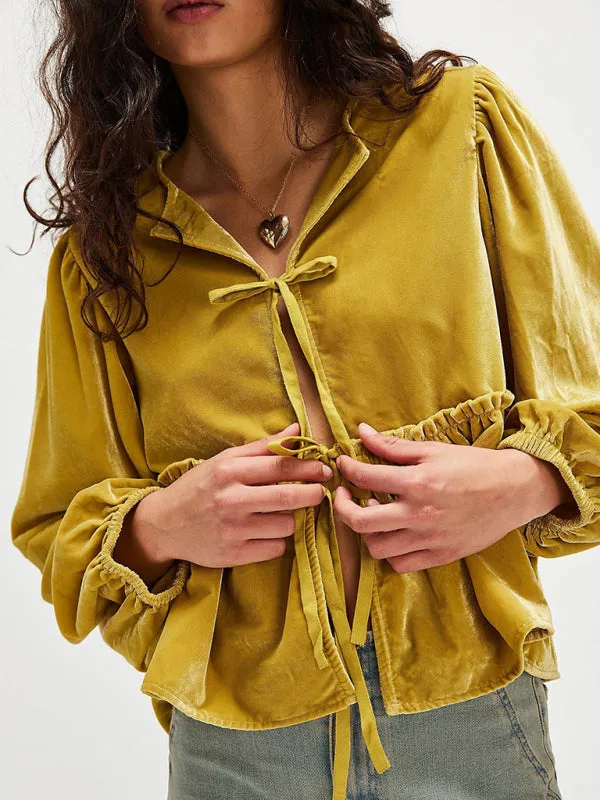 Fidelma New Women's Sweet Casual Tie Velvet Shirt