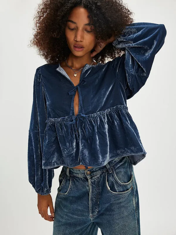 Fidelma New Women's Sweet Casual Tie Velvet Shirt
