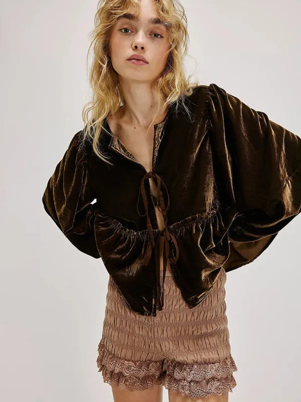 Fidelma New Women's Sweet Casual Tie Velvet Shirt