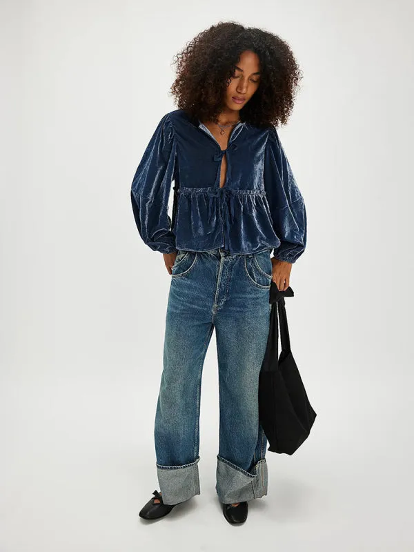 Fidelma New Women's Sweet Casual Tie Velvet Shirt