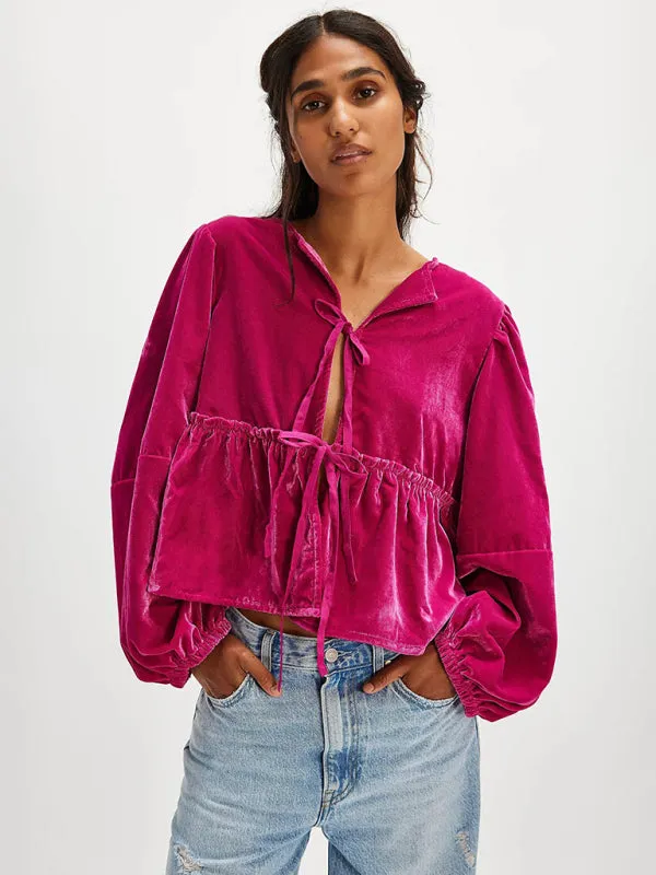 Fidelma New Women's Sweet Casual Tie Velvet Shirt