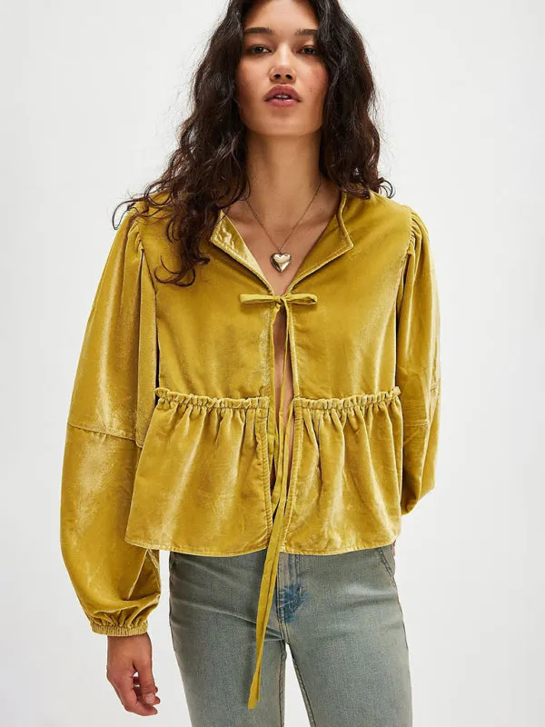 Fidelma New Women's Sweet Casual Tie Velvet Shirt