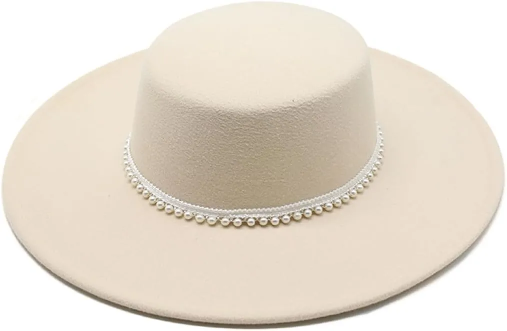 Flat Top Hat for Women Big Brim Felt Fedora Hat Pearl Ribbon Elegant Wedding Jazz Cap