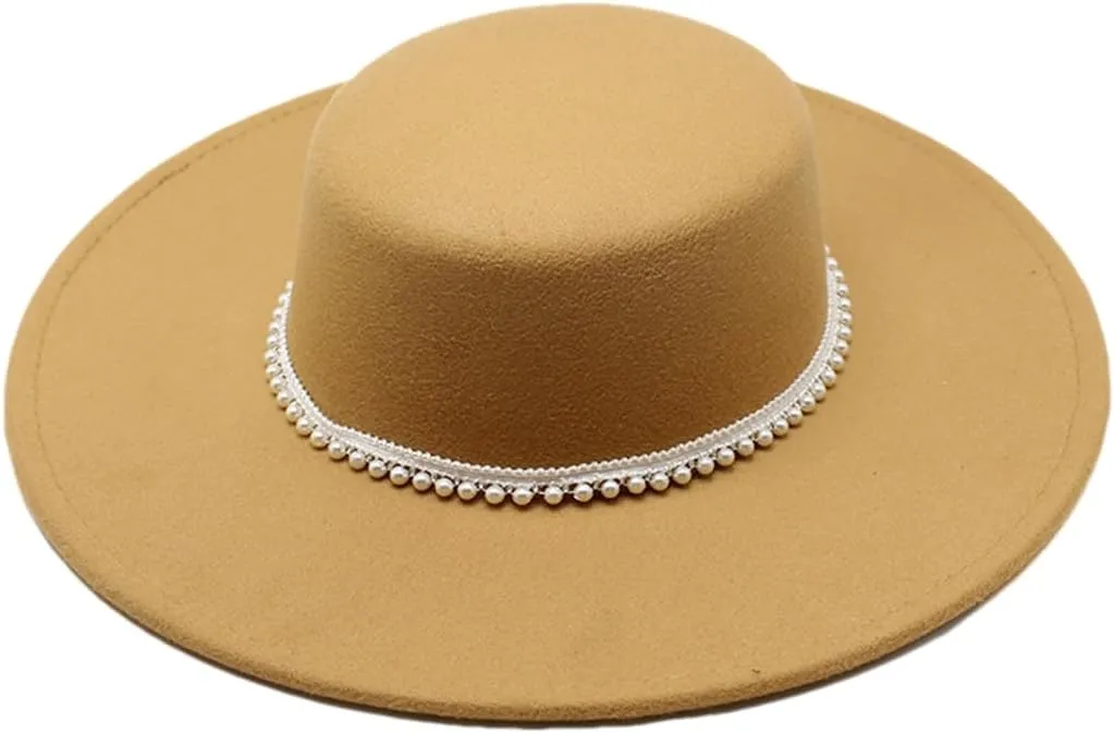 Flat Top Hat for Women Big Brim Felt Fedora Hat Pearl Ribbon Elegant Wedding Jazz Cap